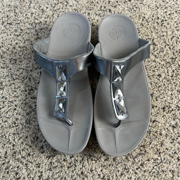 Fitflop Walkstar Jeweled Sandals Size 9 Gray Toe Post Thong - Picture 1 of 8
